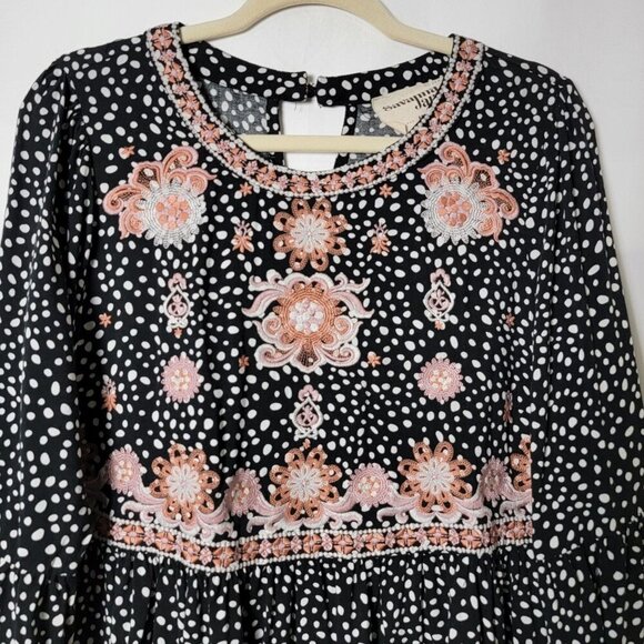 Savanna Jane Floral Embroidered Polka Dot Boho Peplum Long Sleeve Blouse Top M - Picture 4 of 11